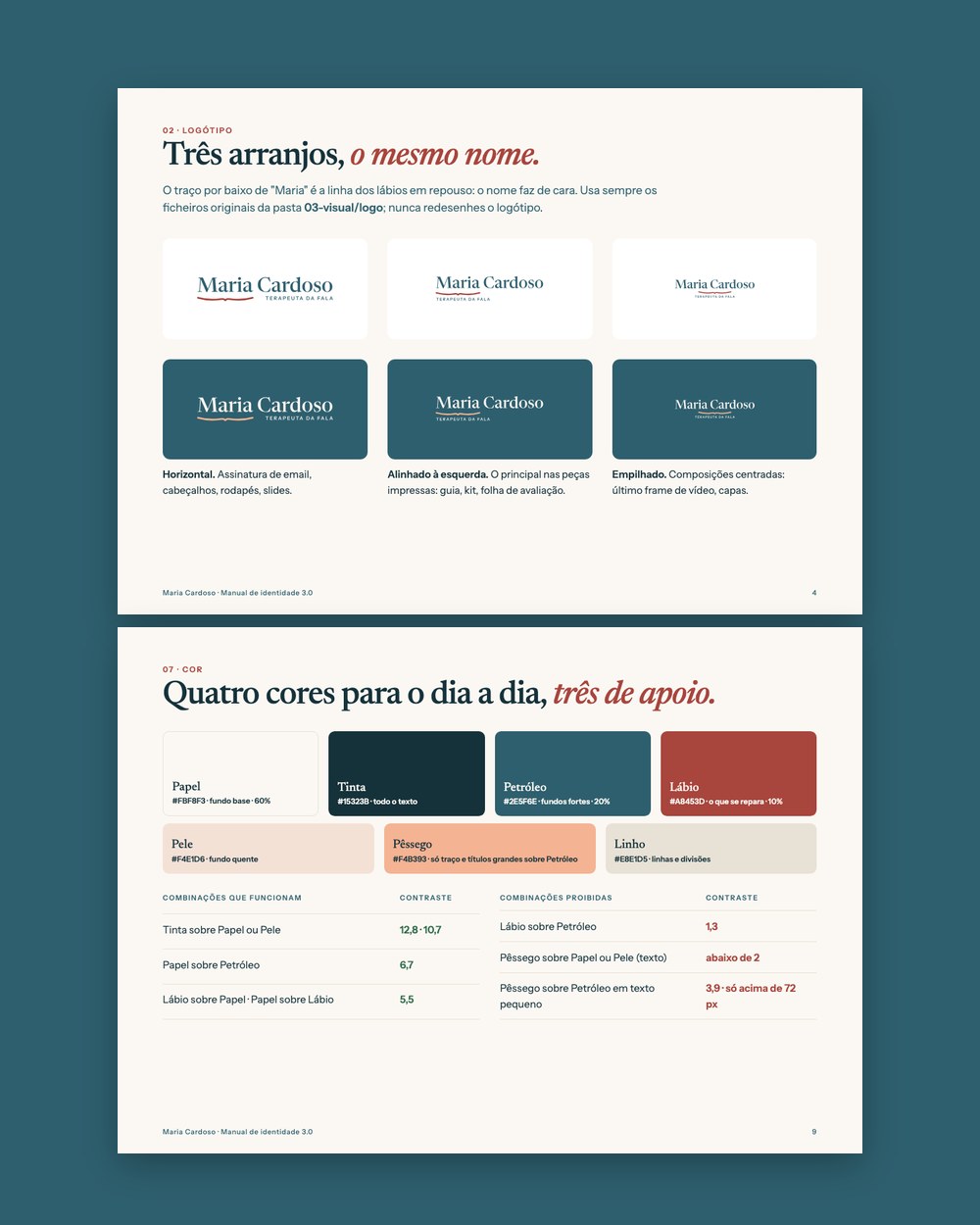 Two pages of the identity manual: logo arrangements and the colour palette