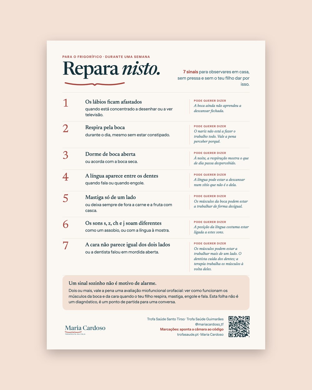 Printed Repara nisto guide with seven signs to watch for at home