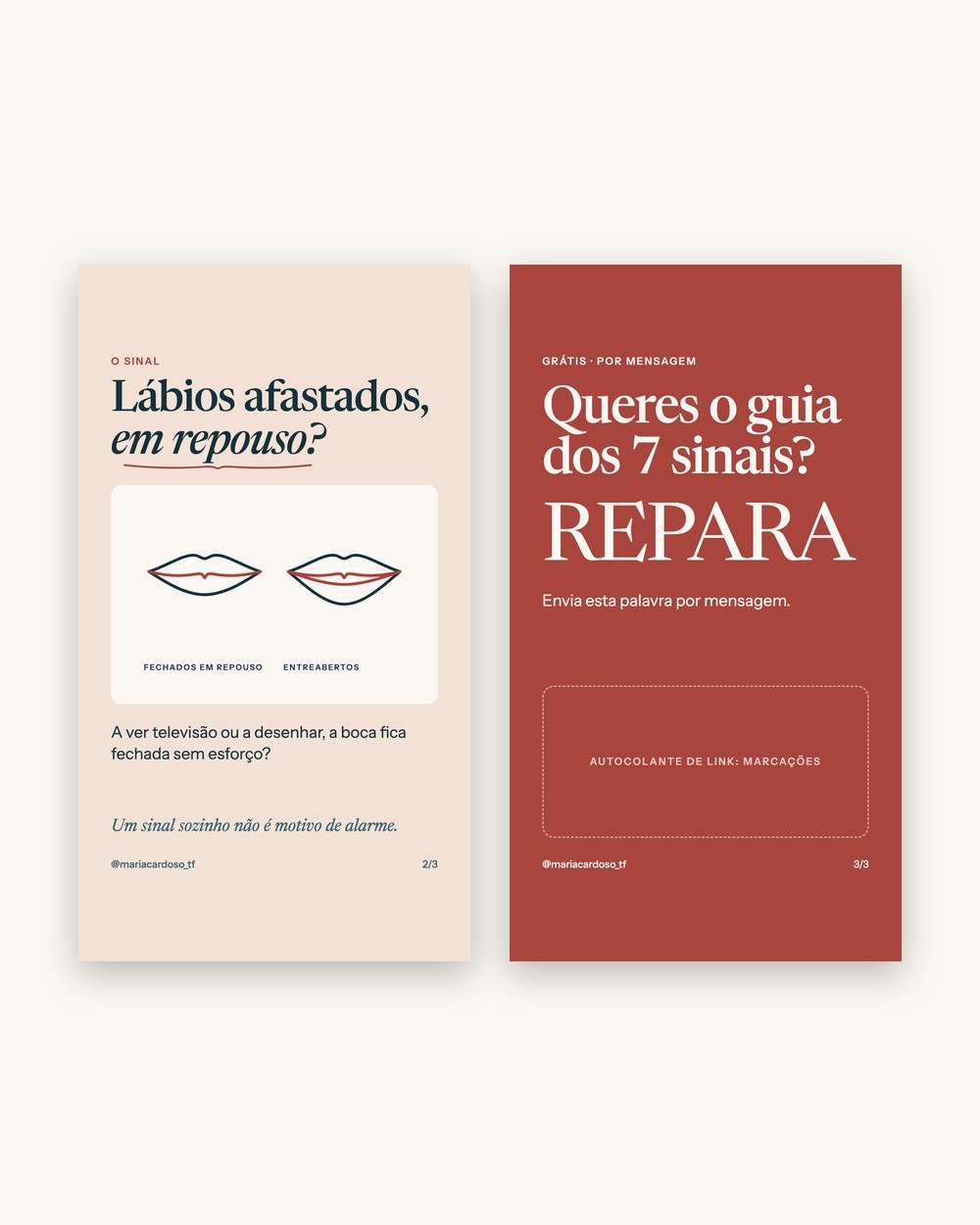 Two stories: one with a diagram of lips at rest and one offering the 7 signs guide