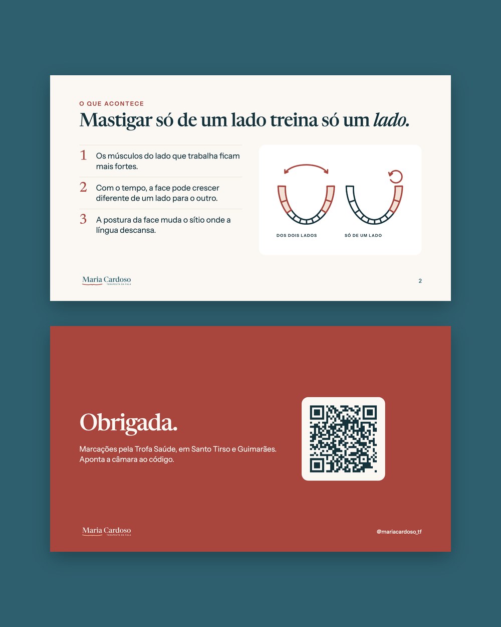 Two slides of a presentation in Maria Cardoso's identity