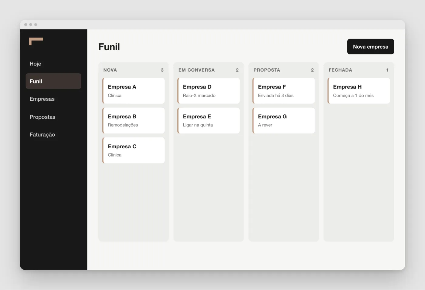 Demo screen of TMI's CRM: the pipeline with companies at each stage