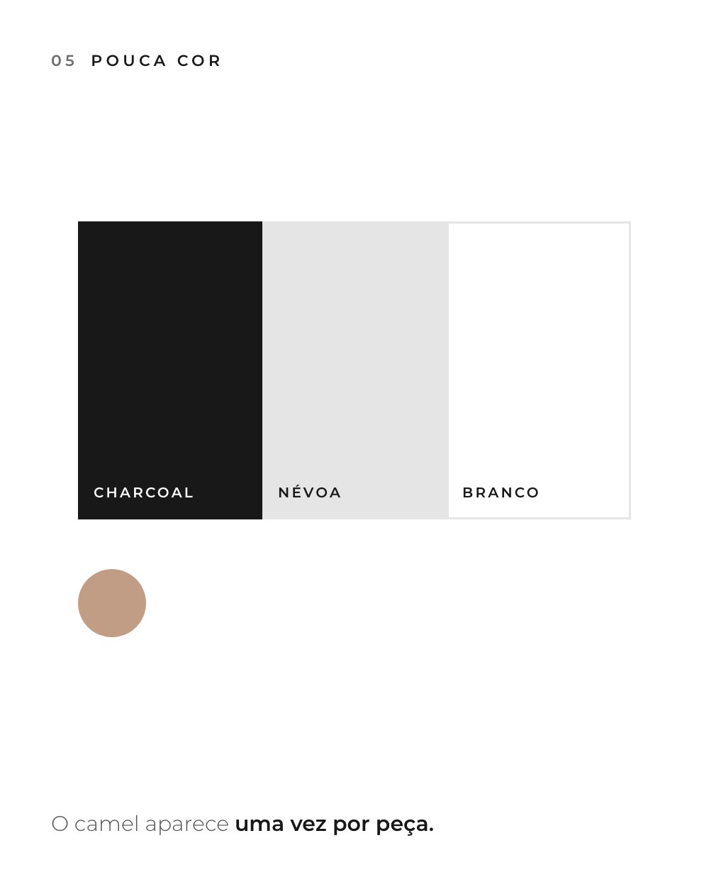 A paleta: charcoal, névoa e branco, com um ponto camel