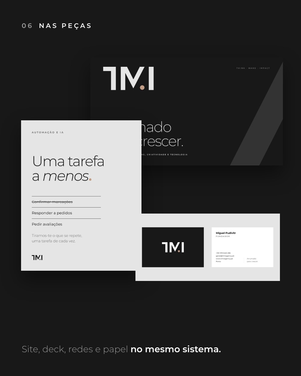 Um slide da apresentação, uma publicação e o cartão de visita da TMI